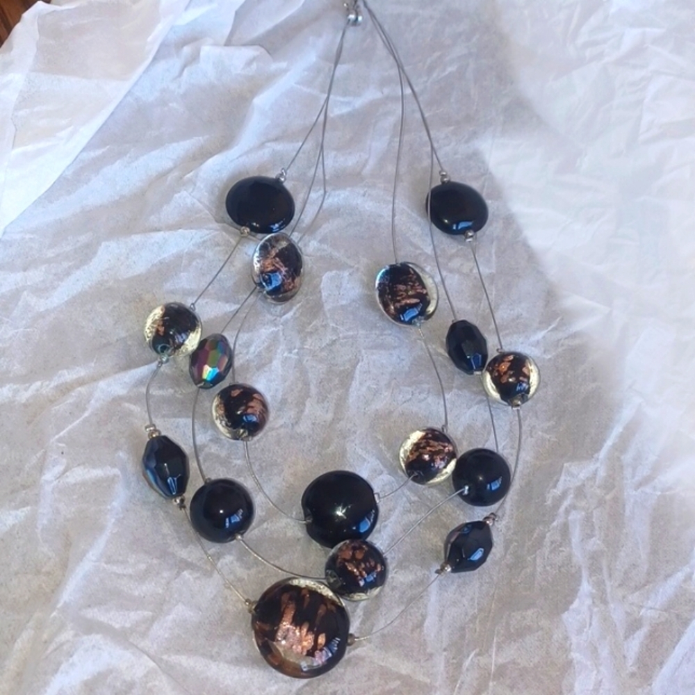 Handmade Black & Copper Glass Bead Floating Illusion 3 strand Necklace 18"